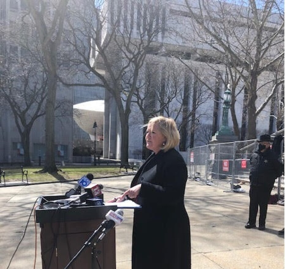 The NYS PTA's Kyle Belokopitsky was among those speaking out against an agreement to legalize cannabis, outside the state Capitol on Monday, March 29, 2021
